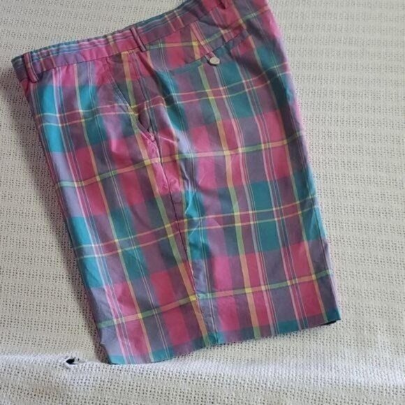 LAST CHANCE Fairway & Greene High Waisted Pink Plaid Golf Sz 38 Shorts w Pockets - Picture 1 of 11